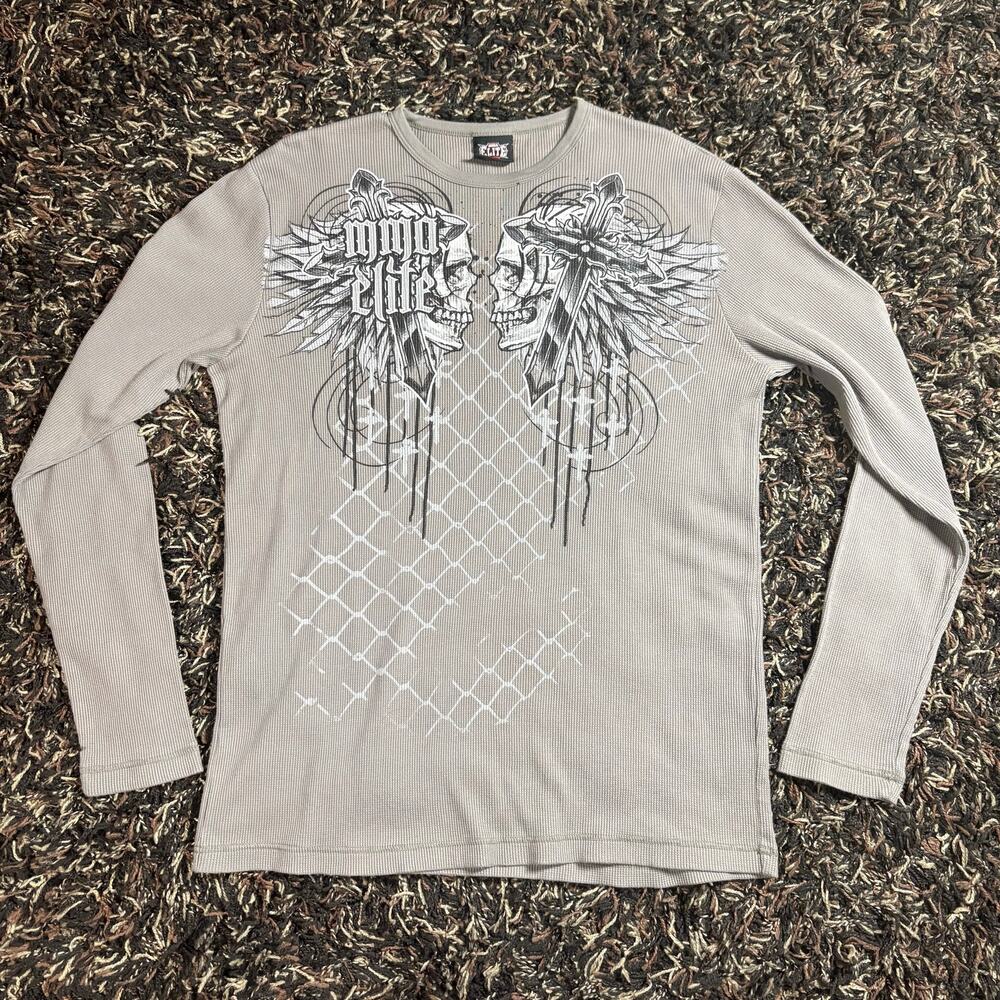MMA Elite Shirt Size XL Gray Long Sleeve Waffle Thermal Skull Men's